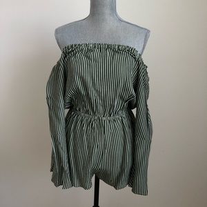 Silence + Noise Green Striped Strapless Romper